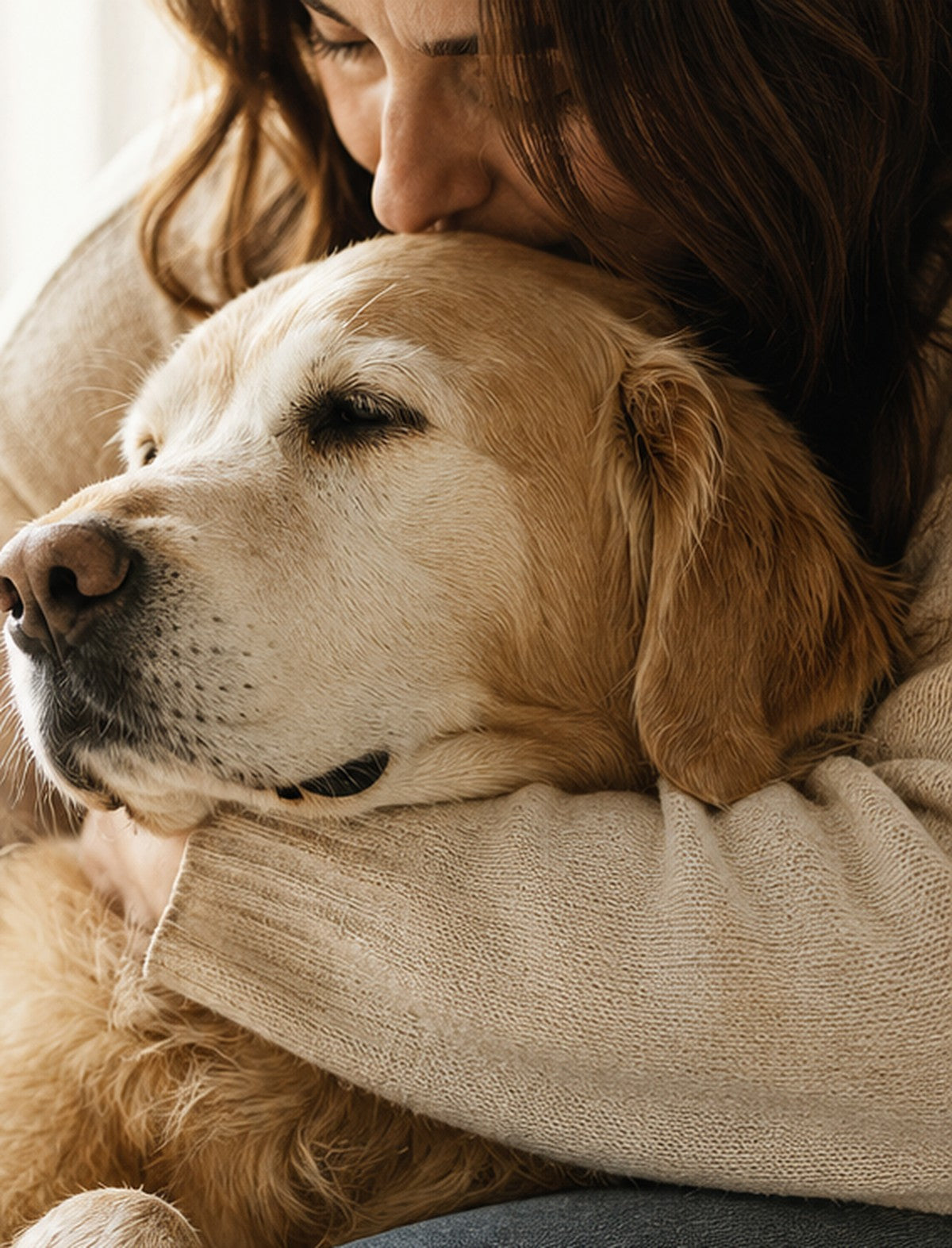 A dog resting calmly with its owner